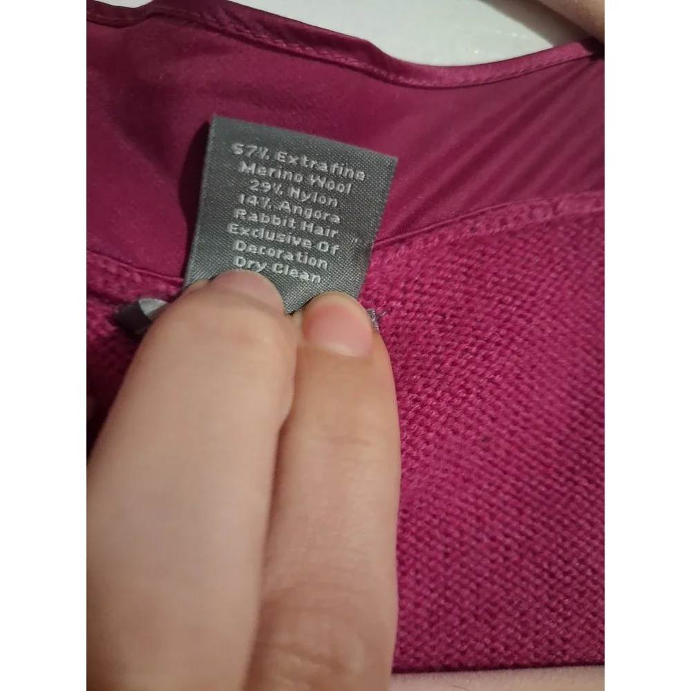 Ann Taylor Merino Wool Angora Sweater Small Magenta Deep V Neck Satin Trim